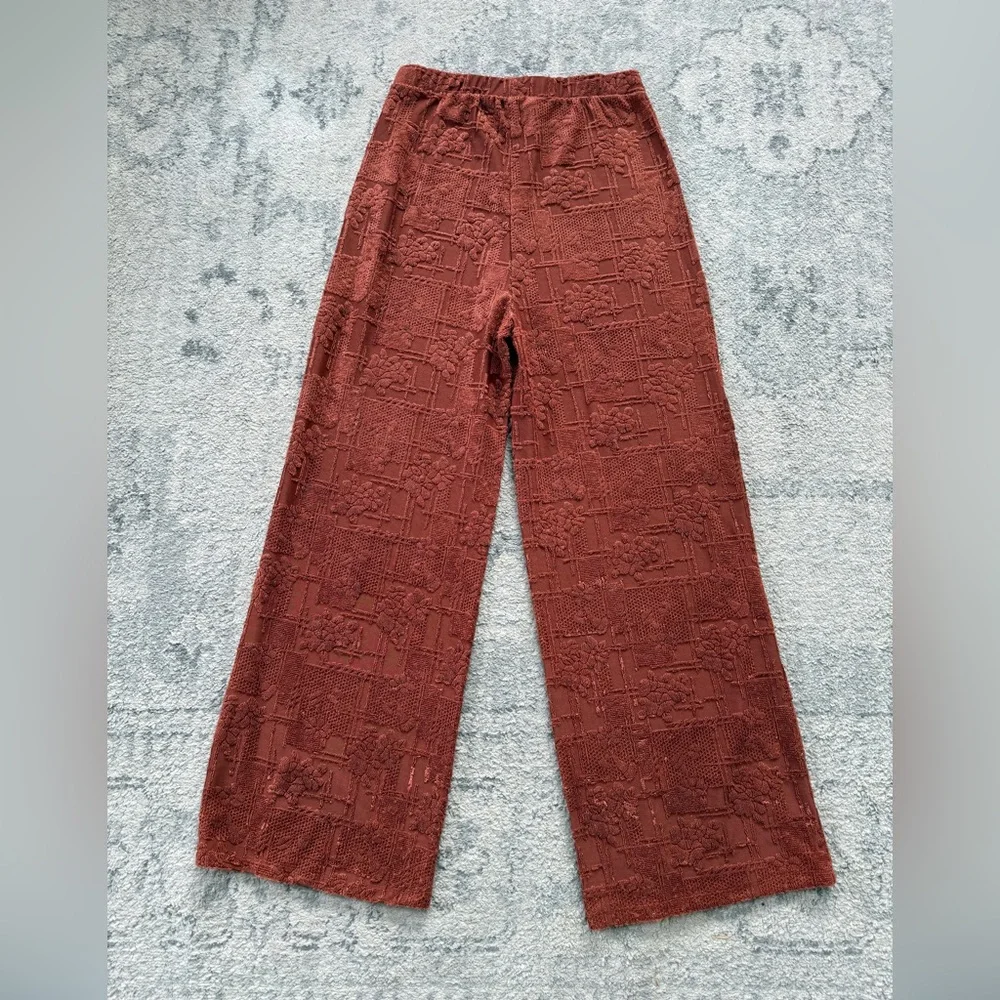 ZARA Women’s Rust Textured Jacquard Wide-Leg Pants Boho Floral Lounge Trousers M - Picture 3 of 12